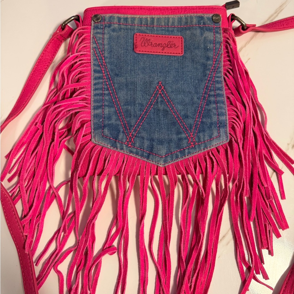 Wrangler Denim and Pink Fringe Crossbody Bag